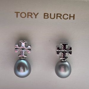 Tory Burch silver logo small pearl drop earrings